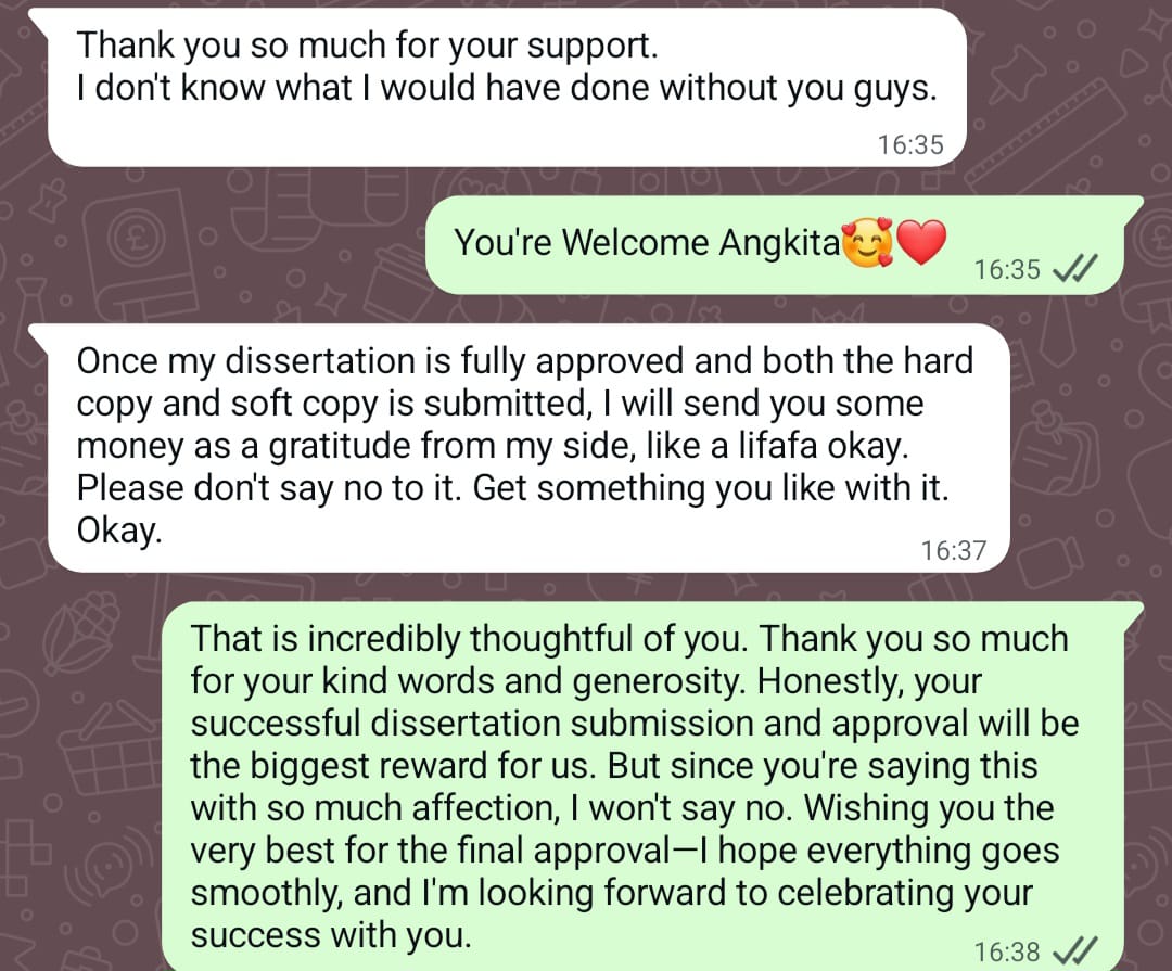 Student message thanking the team for dissertation support