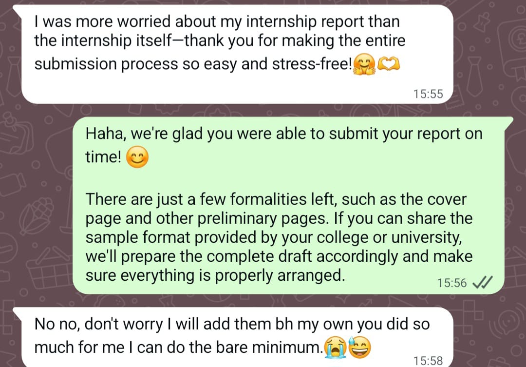 Student message about a stress-free internship report submission
