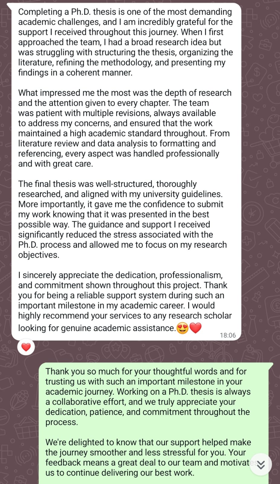 Ph.D. scholar's detailed feedback on thesis support
