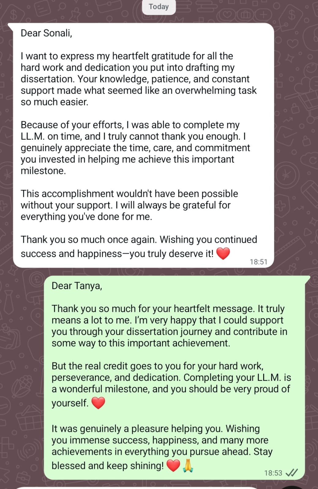 Student message thanking the DMW team after completing her LL.M. dissertation