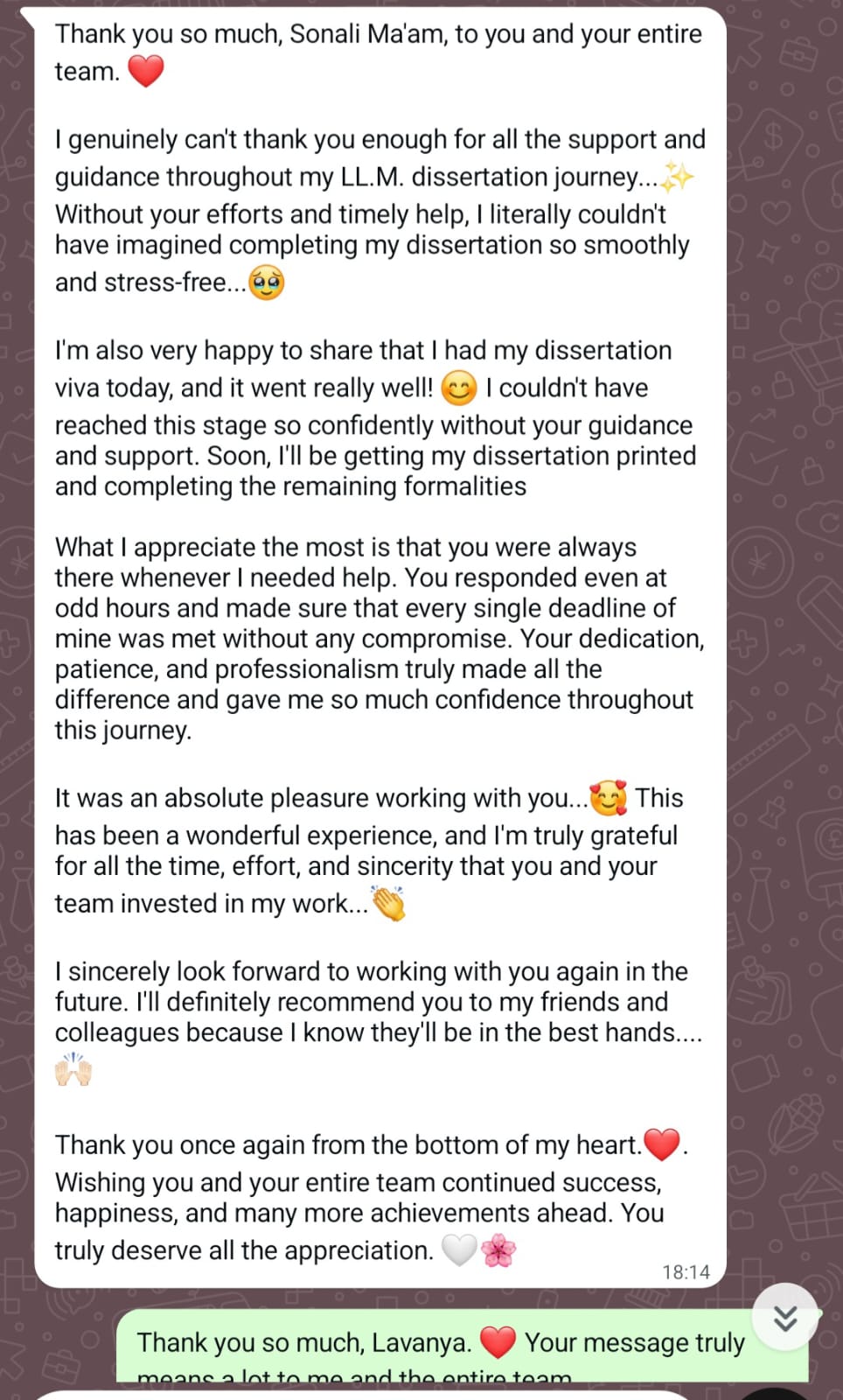 Student message after a successful LL.M. dissertation viva