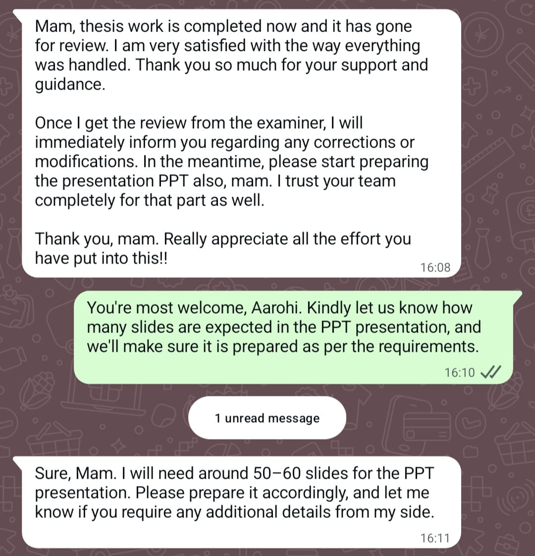 Student message confirming thesis completion and PPT request