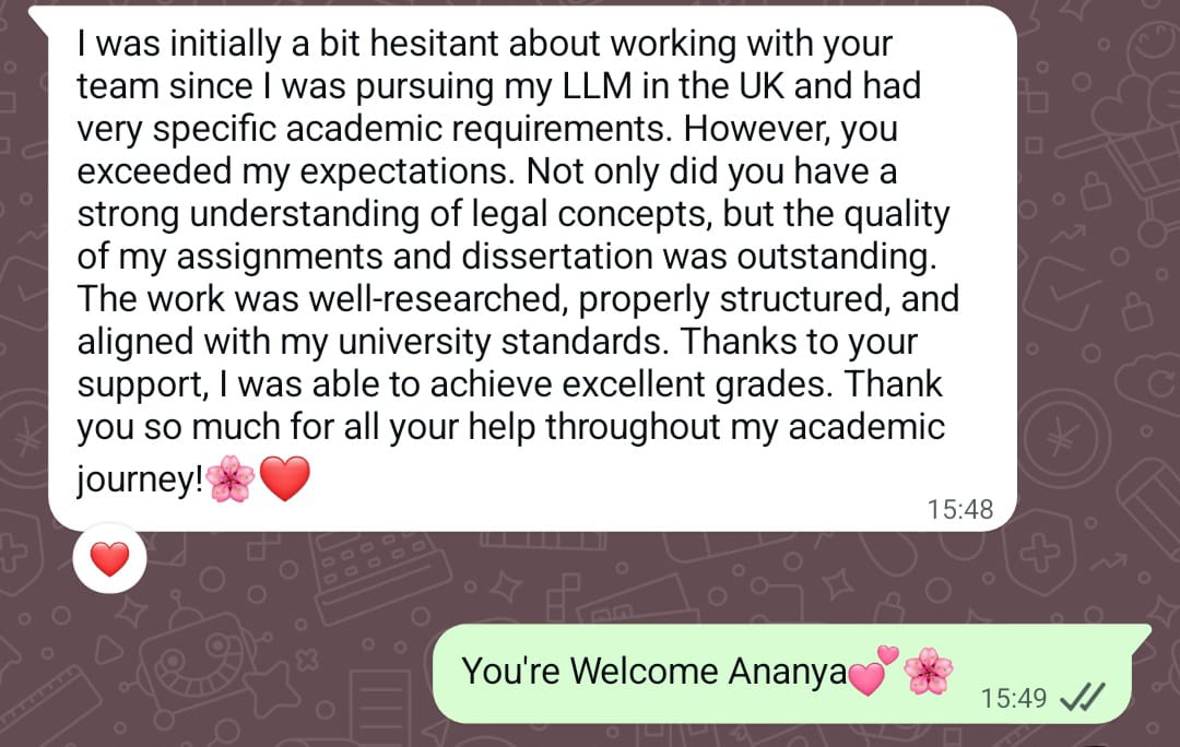 LL.M. student in the UK sharing feedback on assignments and dissertation